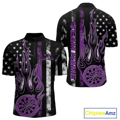 Custom Purple Thin Line US Flag Patriotic Flame Dartboard Dart Men Quarter-Zip Shirt, Dart Jersey IPHW9642