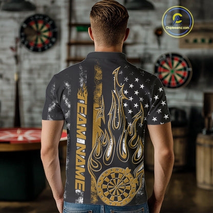 Custom Yellow Thin Line US Flag Patriotic Flame Dartboard Dart Men Polo Shirts, Dart Jersey IPHW9643