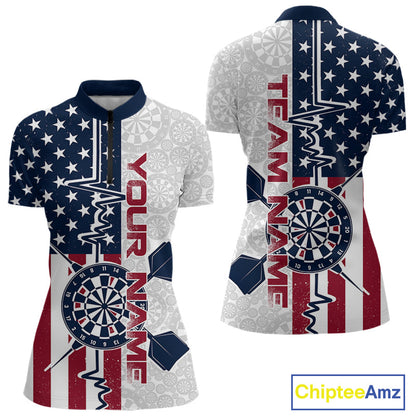 Custom US Flag Patriotic Dart Pulse Line Quarter-Zip Shirts For Women, Dart Team Shirt IPHW9650