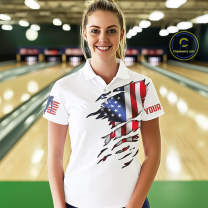 Custom Women's Bowling Shirts, Customizable American Flag Bowling Pin Quarter Zip Shirt For Team IPHW3809