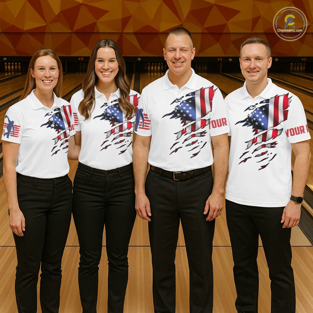 Custom Women's Bowling Shirts, Customizable American Flag Bowling Pin Quarter Zip Shirt For Team IPHW3809