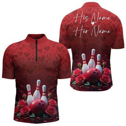 Red Heart Theme Custom Valentines Bowling Quarter-Zip Shirt For Men, Couple Bowling Outfits IPHW8357