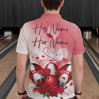 Bowling And Red Roses Custom Valentine Bowling Polo Shirts For Men Bowling Couple Outfits IPHW8358