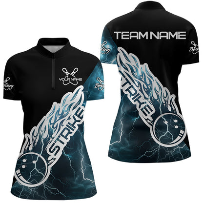 Custom Black And Blue Thunder Lightning Strike Bowling Womens Quarter-Zip Shirts Team Shirt IPHW8532