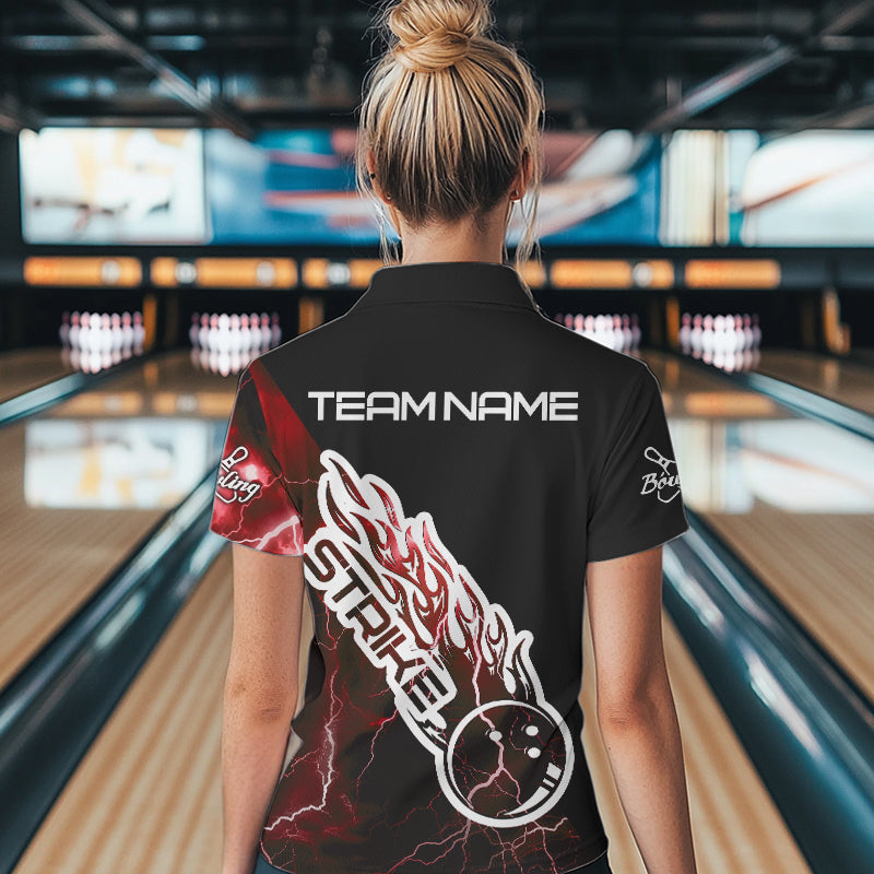 Custom Black And Red Thunder Lightning Strike Bowling Polo Shirts For Women Team Shirt IPHW8533