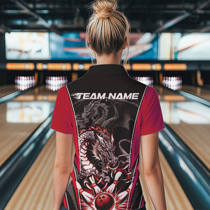 Custom Black And Red Dragon Bowling Womens Quarter-Zip Shirts, Bowling Tournament Uniform IPHW8553