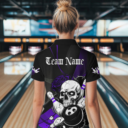 Custom Black And Purple Roses Skull Bowling Women Quarter-Zip Shirts, Skull Bowling Jerseys IPHW8871