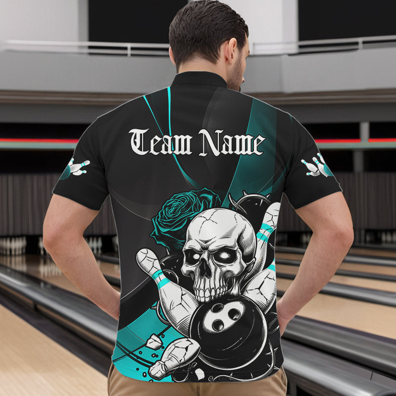Custom Black And Blue Roses Skull Bowling Team Quarter-Zip Shirts For Men, Skull Bowling Jerseys IPHW8872