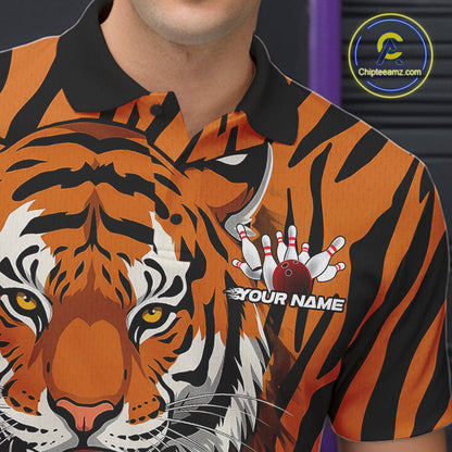 Custom Tiger Print Bowling Team Shirts, Tiger Men Polo Shirts With Name IPHW9095