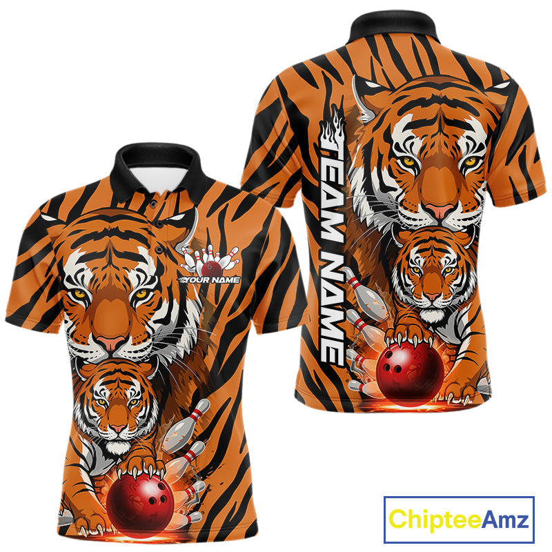 Custom Tiger Print Bowling Team Shirts, Tiger Men Polo Shirts With Name IPHW9095