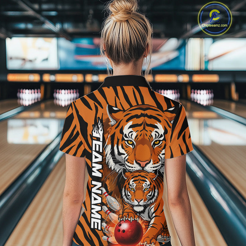 Custom Tiger Print Bowling Team Shirts, Tiger Women Quarter-Zip Shirts With Name IPHW9095