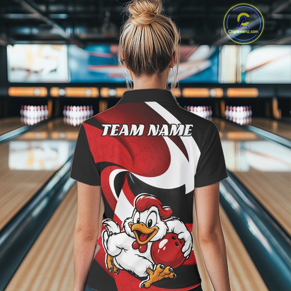 A woman viewed from behind wearing a custom bowling-themed polo shirt with a cartoon chicken holding a red bowling ball and the text 'TEAM NAME' on the back, set against a blurred bowling alley background.