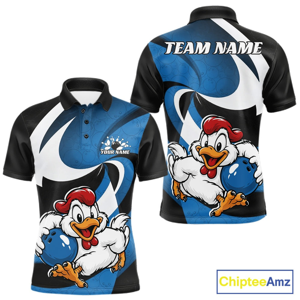 Custom short-sleeve polo shirt shown from front and back, featuring a blue, black, and white abstract design with a cartoon rooster holding a bowling ball, plus customizable text areas reading TEAM NAME and YOUR NAME. A ChipteeAmz logo appears in the bottom right corner.