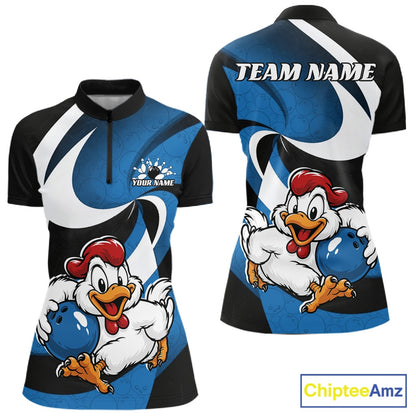 Custom short-sleeve athletic jersey shown from front and back on a white background. The jersey features a blue, black, and white abstract wave pattern with a cartoon bowling chicken mascot and customizable text fields reading 'YOUR NAME' and 'TEAM NAME'.