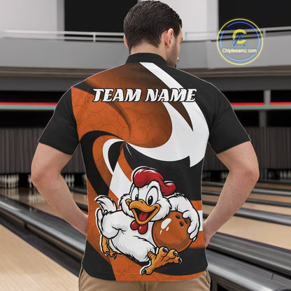 A man viewed from behind wearing a custom bowling-themed short-sleeve quartter zip shirt. The back of the shirt features a black and orange graphic design with a white swoosh, the text 'TEAM NAME' in white, and a cartoon chicken mascot holding a bowling ball.