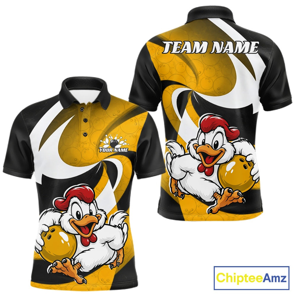 Customizable short-sleeve polo shirt shown from both front and back views. The shirt features a black, white, and yellow abstract design with a cartoon rooster mascot holding a bowling ball.