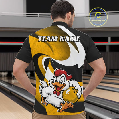A man viewed from behind wearing a black short-sleeve shirt with a large bowling-themed graphic on the back. The design features a yellow and white swoosh pattern, the text 'TEAM NAME', and a cartoon chicken holding a bowling ball.
