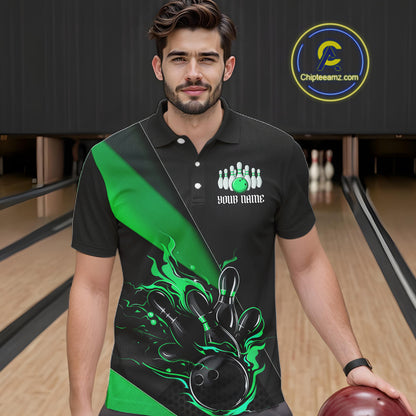 Black And Green Custom Flame Bowling Tournament Jerseys For Men, Bowling Team Shirts IPHW7926
