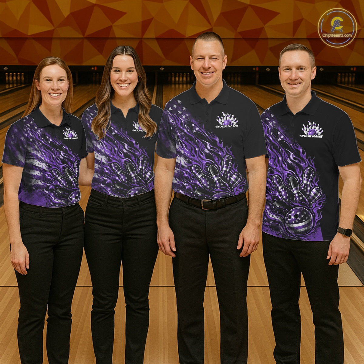 Custom Patriotic Purple Flame Bowling Shirts, US Flag Bowling Team Jerseys Freedom 4Th Of July Bowling Shirt IPHW10434