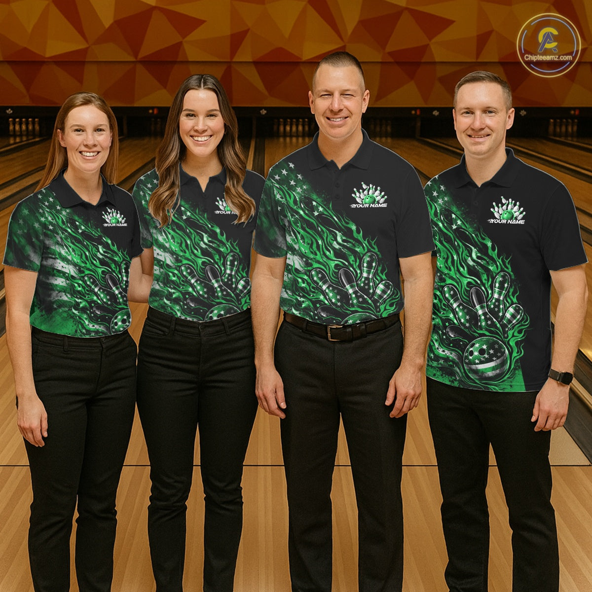 Custom Patriotic Green Flame Bowling Shirts, US Flag Bowling Team Jerseys Freedom 4Th Of July Bowling Shirt IPHW10435