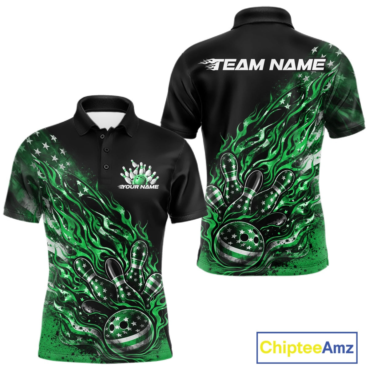 Custom Patriotic Green Flame Bowling Shirts, US Flag Bowling Team Jerseys Freedom 4Th Of July Bowling Shirt IPHW10435