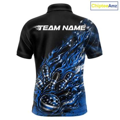 Custom Patriotic Blue Flame Bowling Shirts, US Flag Bowling Team Jerseys Freedom 4Th Of July Bowling Shirt IPHW10437