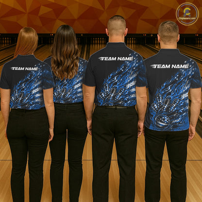 Custom Patriotic Blue Flame Bowling Shirts, US Flag Bowling Team Jerseys Freedom 4Th Of July Bowling Shirt IPHW10437