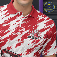 Load image into Gallery viewer, Red and white patterned polo shirt with a bowling design and 'Your Name' text, brand logo visible.