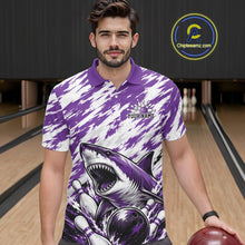 Load image into Gallery viewer, Man wearing a purple and white polo shirt with a shark design in a bowling alley.