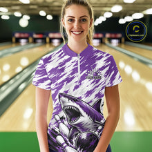 Load image into Gallery viewer, Person wearing a purple and white bowling shirt with a shark design in a bowling alley.