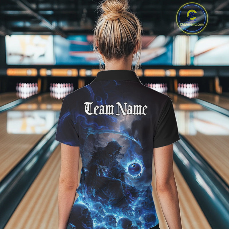 Custom Electric Blue Fire Grim Reaper Bowling Women Polo Shirts, Halloween Bowling Shirt IPHW9464