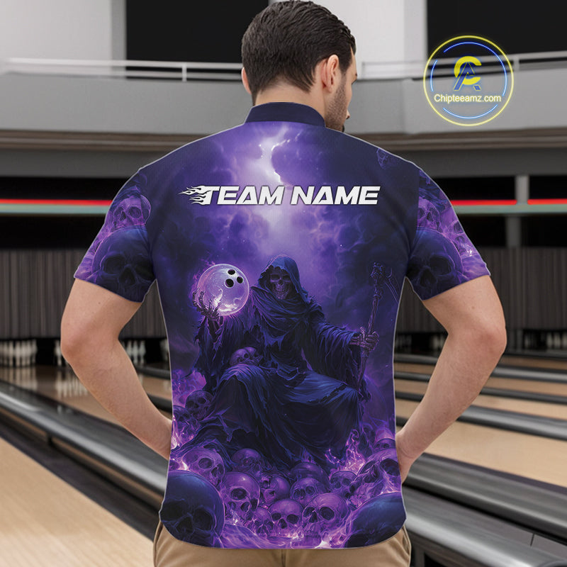Custom Blue And Purple Flame Bowling Skull Quarter-Zip Shirts For Men, Halloween Bowling Outfits IPHW9467