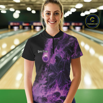Custom Purple Flame Skull Bowling Quarter-Zip Shirt, Purple Smoke Bowling Hallween Outfit IPHW9470