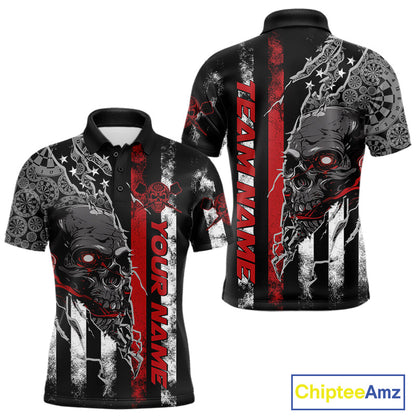 Custom Red Line American Flag Patriotic Skull Dart Men Polo Shirts, Halloween Dart Outfit IPHW9691
