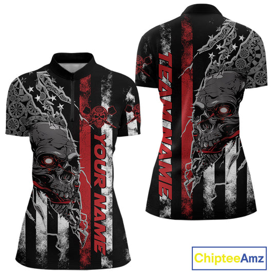 Custom Red Line US Flag Patriotic Skull Dart Women Quarter-Zip Shirts, Halloween Outfit IPHW9691