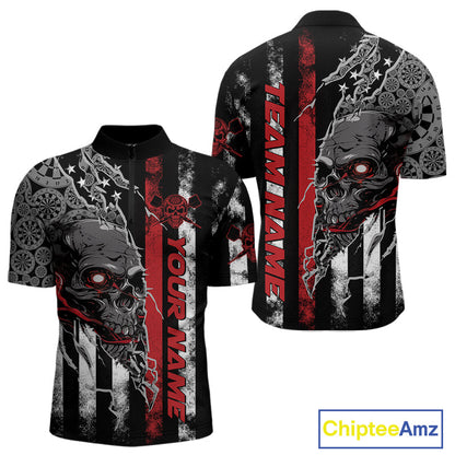 Custom Red Line American Flag Patriotic Skull Dart Men Quarter-Zip Shirts, Halloween Dart Outfit IPHW9691