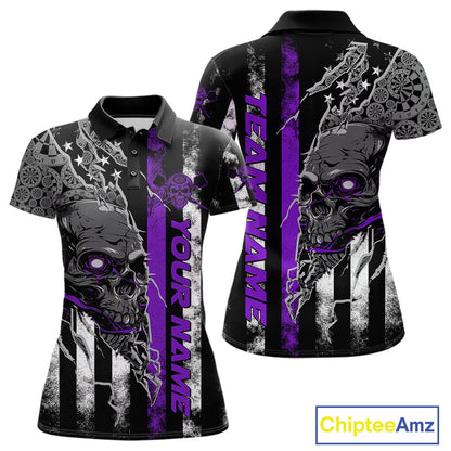 Custom Purple Line American Flag Patriotic Skull Dart Women Polo Shirt, Halloween Outfit IPHW9693