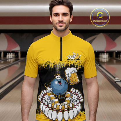 Custom Black And Yellow Funny Bowling Ball Drinking Beer Party Bowling Quarter-Zip Shirts For Men IPHW9826