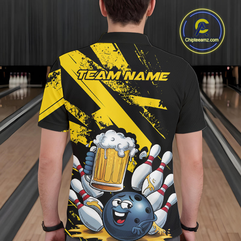 Custom Grunge Yellow Funny Bowling And Beer Polo Shirts For Men, Bowling Team Outfit IPHW9831