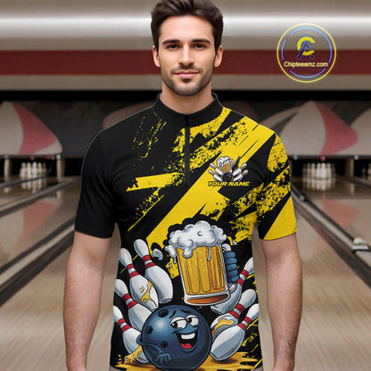 Custom Grunge Yellow Funny Bowling And Beer Quarter-Zip Shirts For Men, Bowling Team Outfit IPHW9831