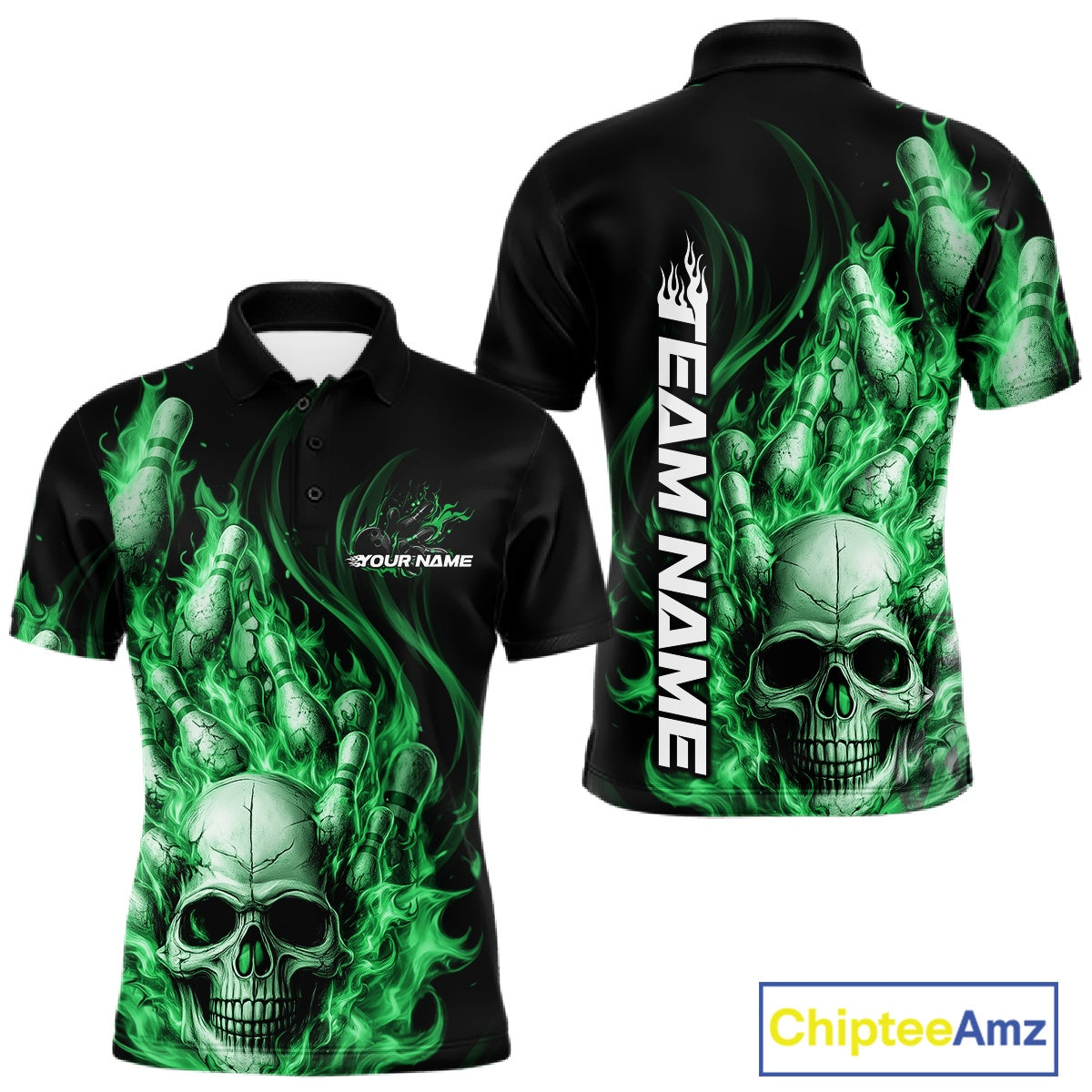 Custom Multi Styles Green Flame Skull Halloween Bowling Team Shirts, Bowling Tournament Shirt Bowling Jersey IPHW10442