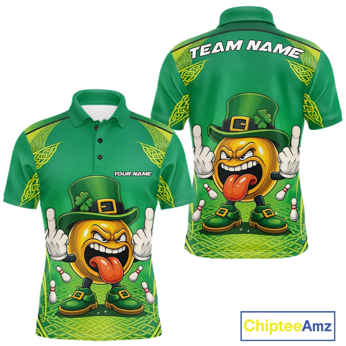 Custom Funny Leprechaun Bowling Ball St Patricks Day Bowling Shirts, Celtic Pattern Bowling Tournament Outfits IPHW10443