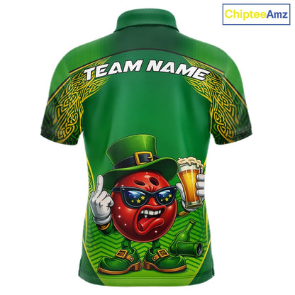 Custom Funny Leprechaun Bowling Ball And Beer St Patricks Day Bowling Shirts, Celtic Bowling Tournament Outfit IPHW10444