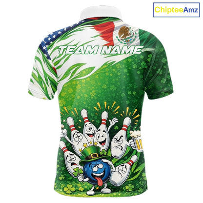Custom Funny St Patricks Day Bowling Team Shirt, Mexican American Flag Shamrock Theme Bowling Jerseys IPHW10447