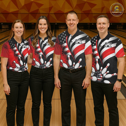 Custom Black And Red US Flag Patriotic Bowling Shirts, Freedom Bowling Team League Shirt Bowler Jerseys IPHW10453