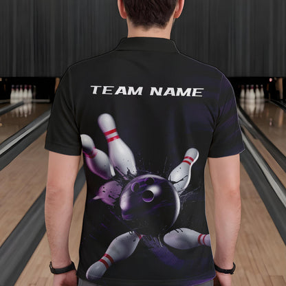Custom Black And Purple Bowling Jerseys, Bowling League Polo Shirts For Men Team Uniform IPHW8561