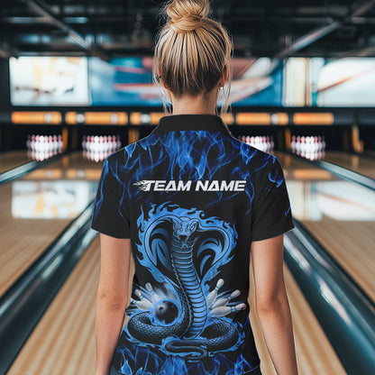 Custom Black And Blue Flame Cobra Snake Bowling Womens Quarter-Zip Shirts, Team Uniform IPHW8568