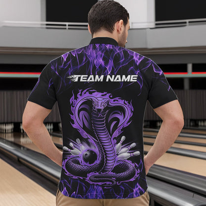 Custom Black And Purple Flame Cobra Snake Bowling Quarter-Zip Shirts For Men, Bowling Team Uniform IPHW8569