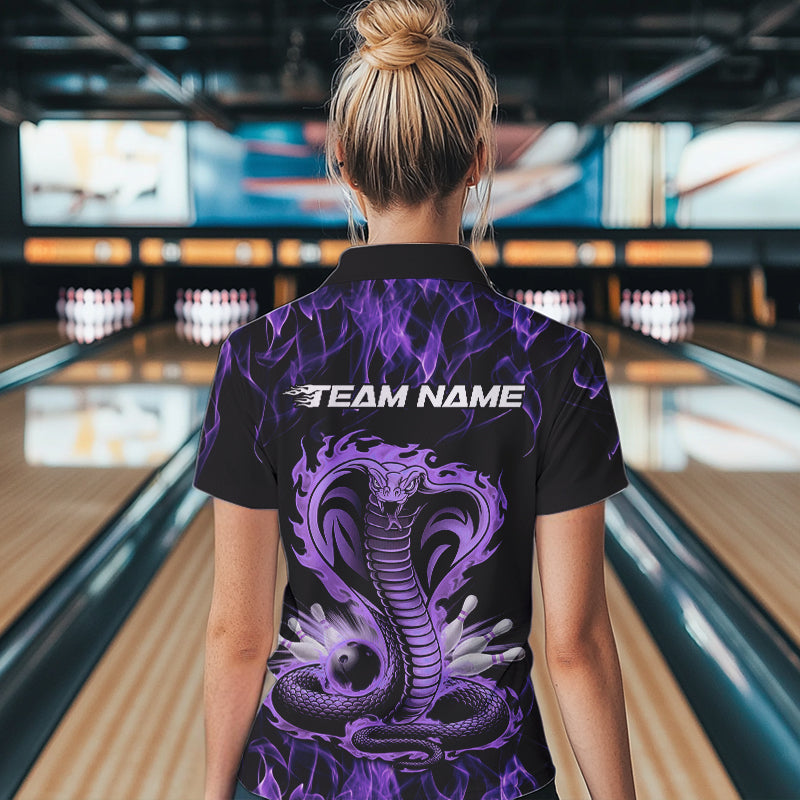 Custom Black And Purple Flame Cobra Snake Bowling Womens Quarter-Zip Shirts, Team Uniform IPHW8569