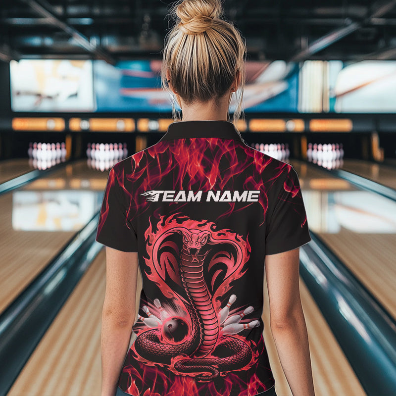 Custom Black And Red Flame Cobra Snake Bowling Womens Quarter-Zip Shirts, Team Uniform IPHW8570